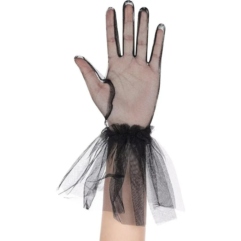 Women's Puffy Ruffle Black Tulle Sheer Mesh Party Prom One Size Short Gloves